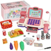 Lictin Cash Register for Kids, 43PCS Pretend Play Cash Register with Sound, Microphone, Scanner & Play Food, Supermarket Cashier Toy Gifts for Girls Boys Ages 3 4 5 6+, Pink