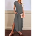 thumbnail image 2 of Summer Casual Maxi Dresses for Women V Neck Cap Sleeve Long Sundress with Pockets Beach Vacation Gray XL, 2 of 8