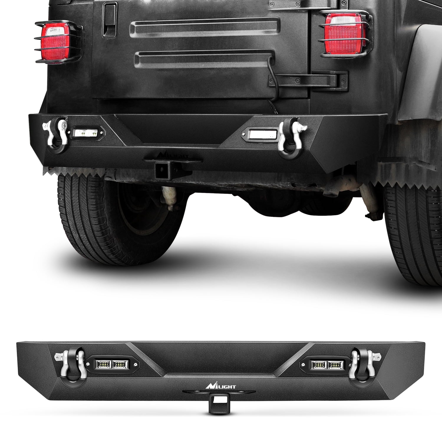 Nilight JK-54A 87-06 Rear Compatible for 1987-2006 Jeep Wrangler TJ&YJ,Rock  Crawler Bumper with Hitch Receiver & 2X Nilight Upgraded 18W LED Lights Off  Road Textured Black,2 Years Warranty 