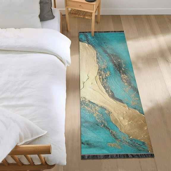 Turquoise Gold Marble Runner Area Rug 2x6 Soft Non-Slip Washable Bedside Carpet for Hallway Bedroom Living Room Home Decor