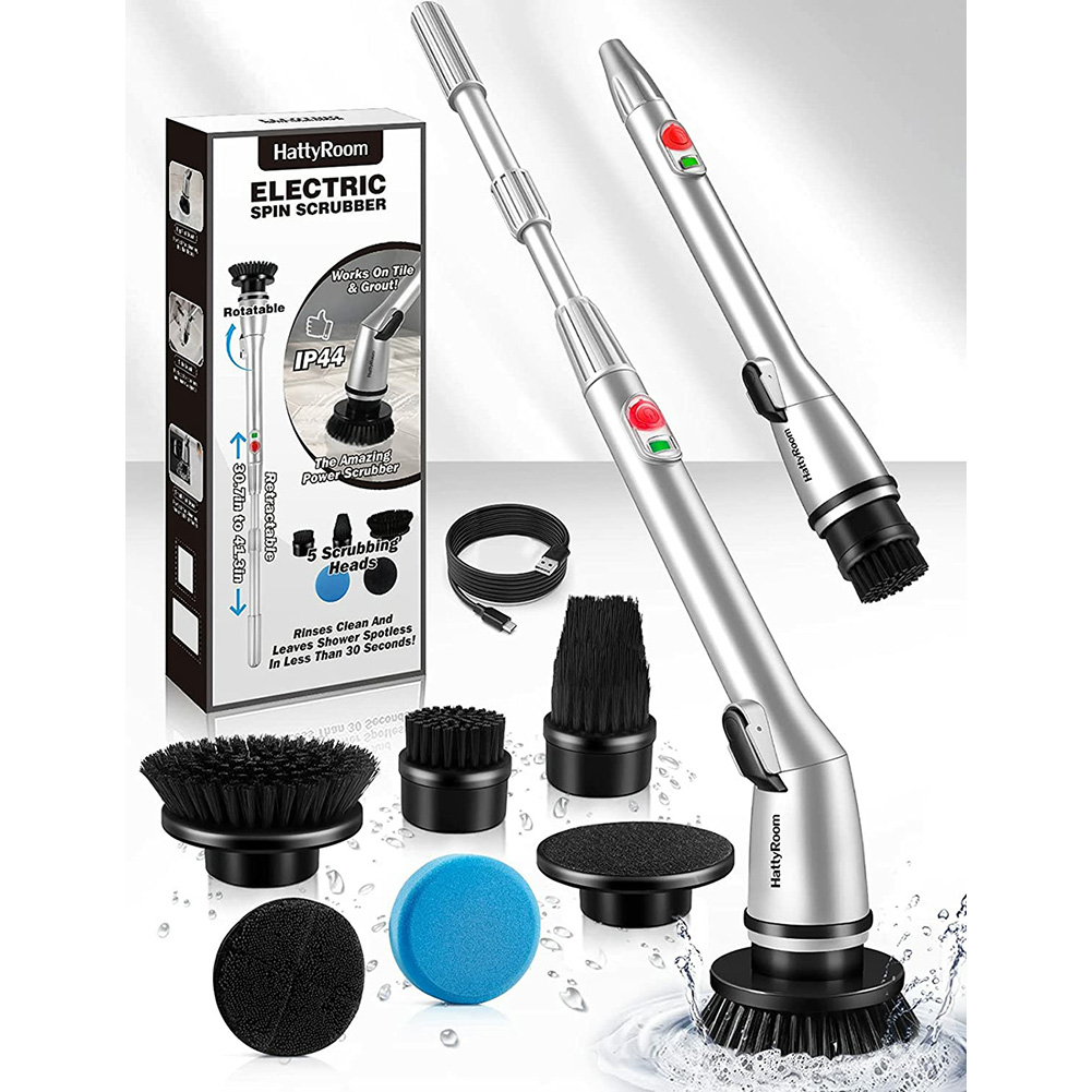 Adjustable rechargeable cordless shower scrubber with 5 cleaning brush