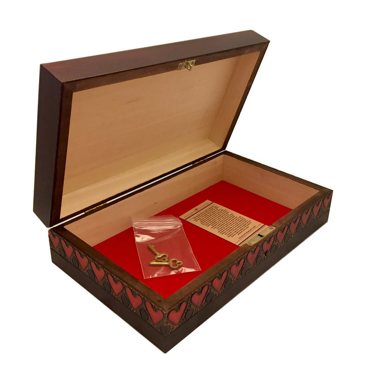 Handmade Wooden Lock Box w/ Key Vintage Hearts Decorative Wood Box