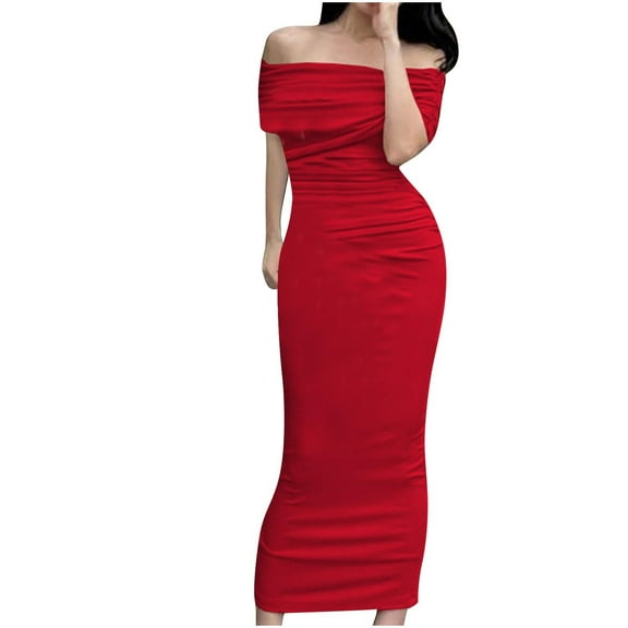 yillto Women Dress off Shoulder Slim Fitting Long Dress Bodycon Formal Wedding Guest Dresses for Women