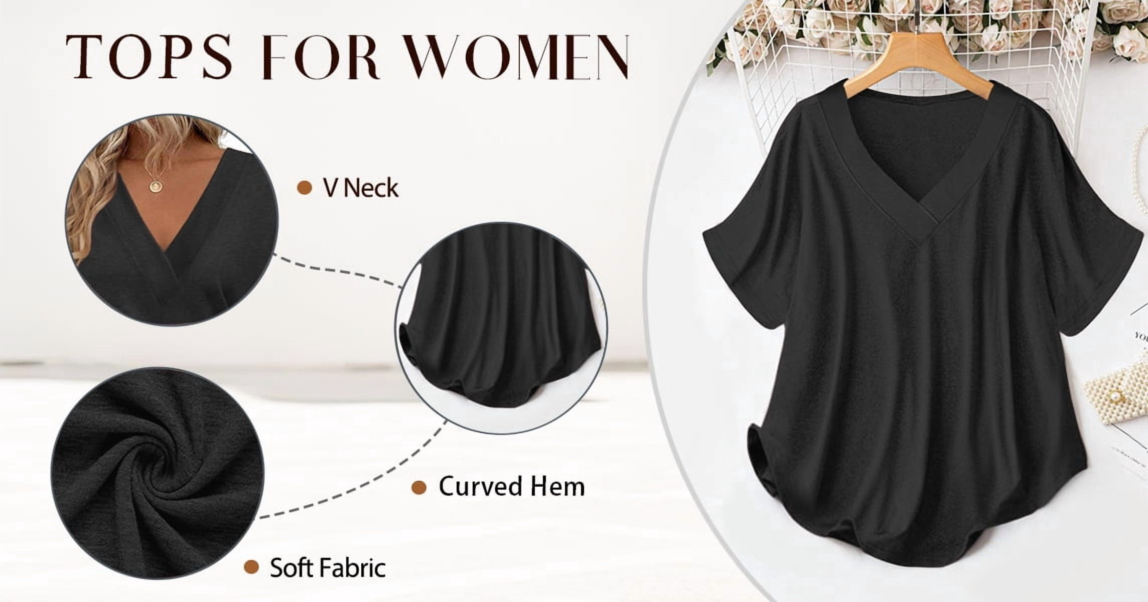 MOSHU Deep V Neck Womens Tops Curved Hem Shirts for Women Fashion Trendy Blouses Casual Loose Fit Tees Tops