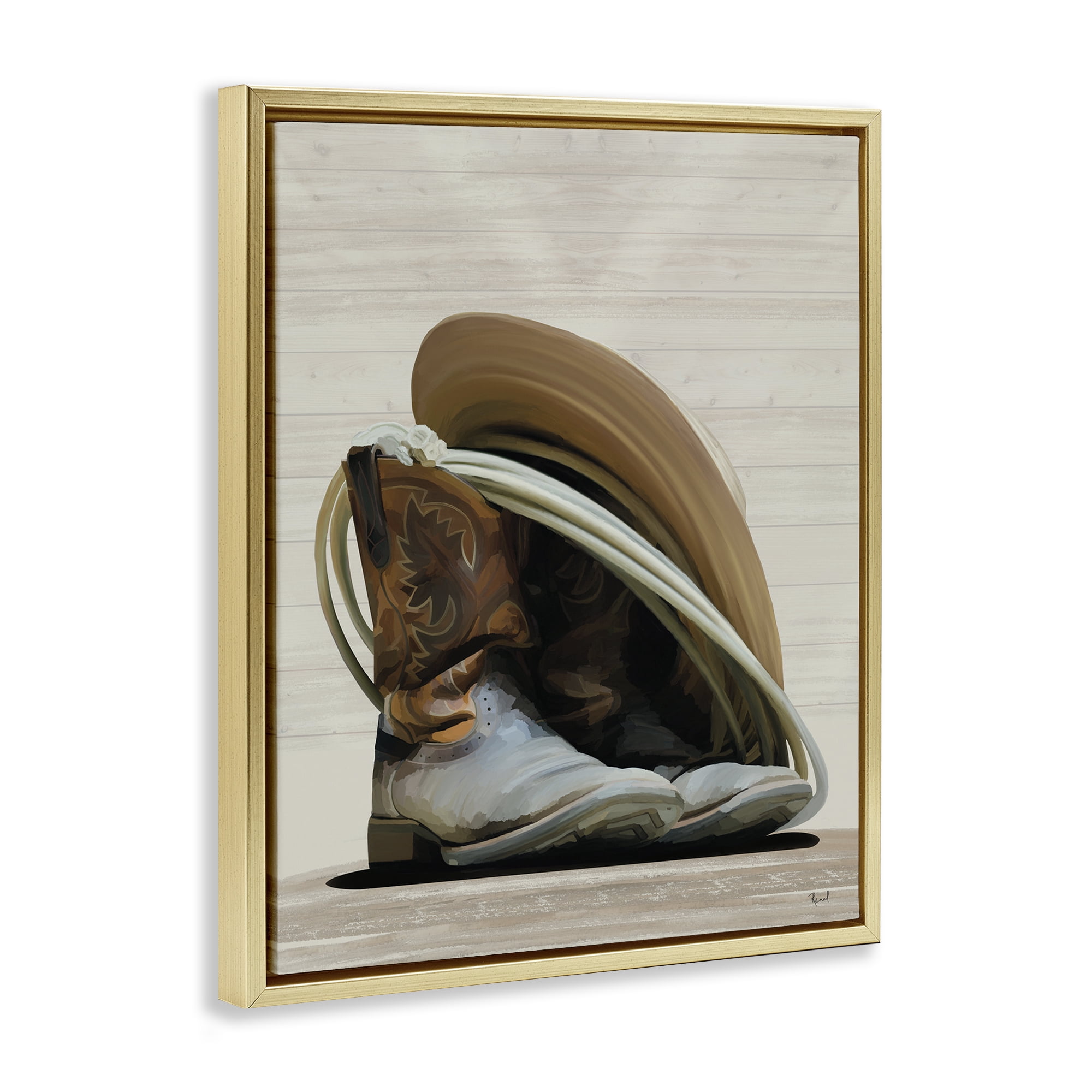 Stupell Industries Cowboy Gear on Beige Fashion Painting Gold Floater Framed Canvas Art Print Wall Art, 25 x 31