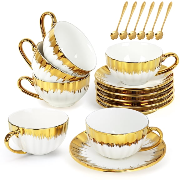 6Pcs Porcelain Coffee Cups and Saucers Set with 6 Spoons, 7.5 oz Espresso Cups with Gold Trim, for Lattes, Mochas, and Tea, for Home Use or as a Gift