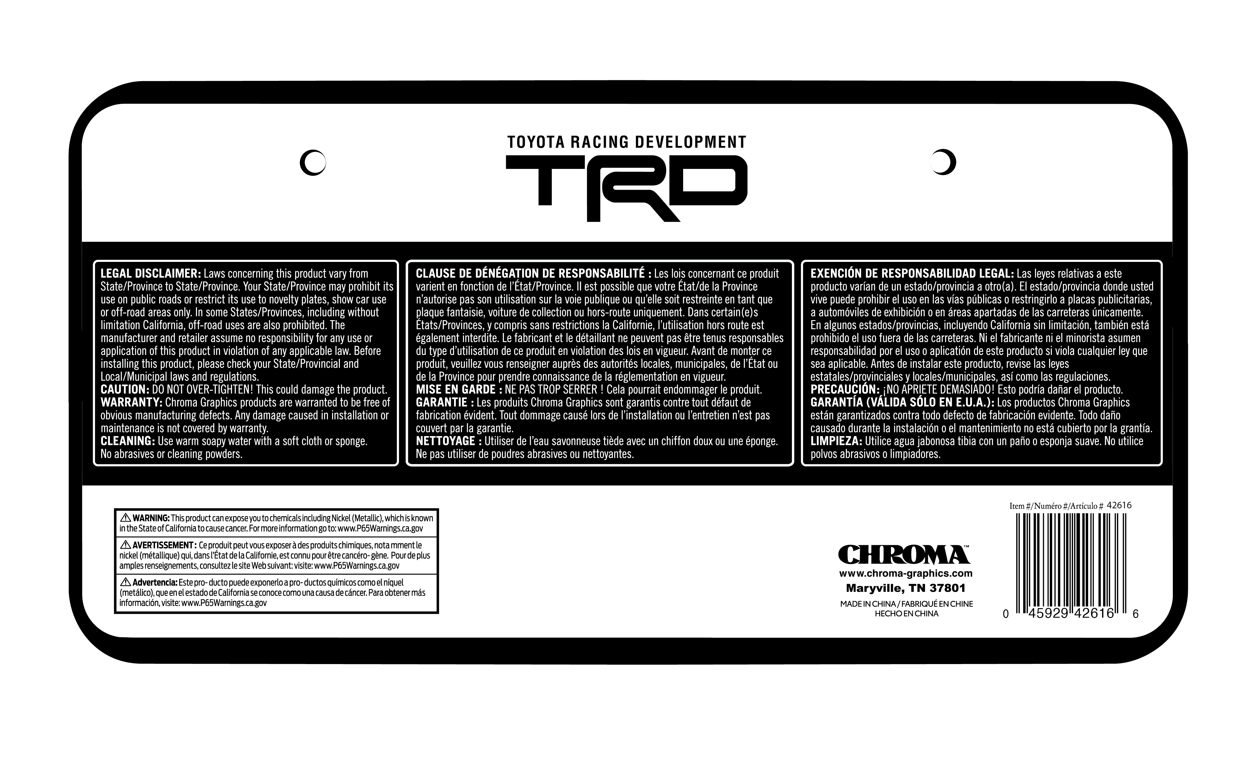 Toyota TRD Black Metal License Plate Frame