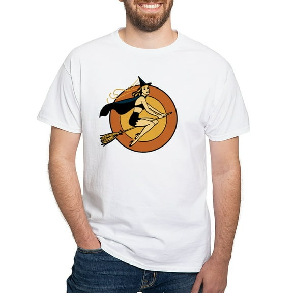 CafePress - Retro Witch T Shirt - Men's White Classic Cotton T-Shirts