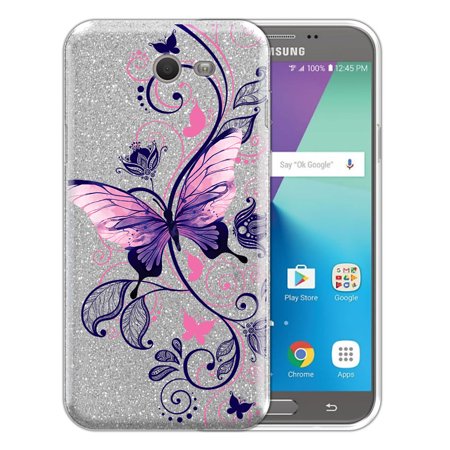 FINCIBO Silver Gradient Glitter Case, Sparkle Bling TPU Cover for Samsung Galaxy J7 J727, Pink Purple Butterfly Curly