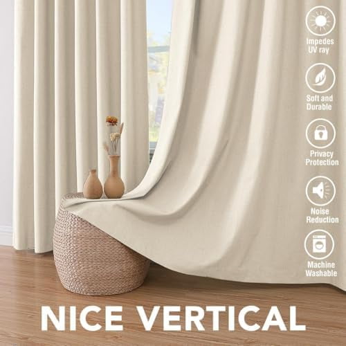 Linen Curtains 100% Blackout Curtains for Bedroom 90 inch Long Full Light Blocking Nature Linen Blended Window Curtains for Living Room Nickel Grommet (2 Panels, Bleached Sand)