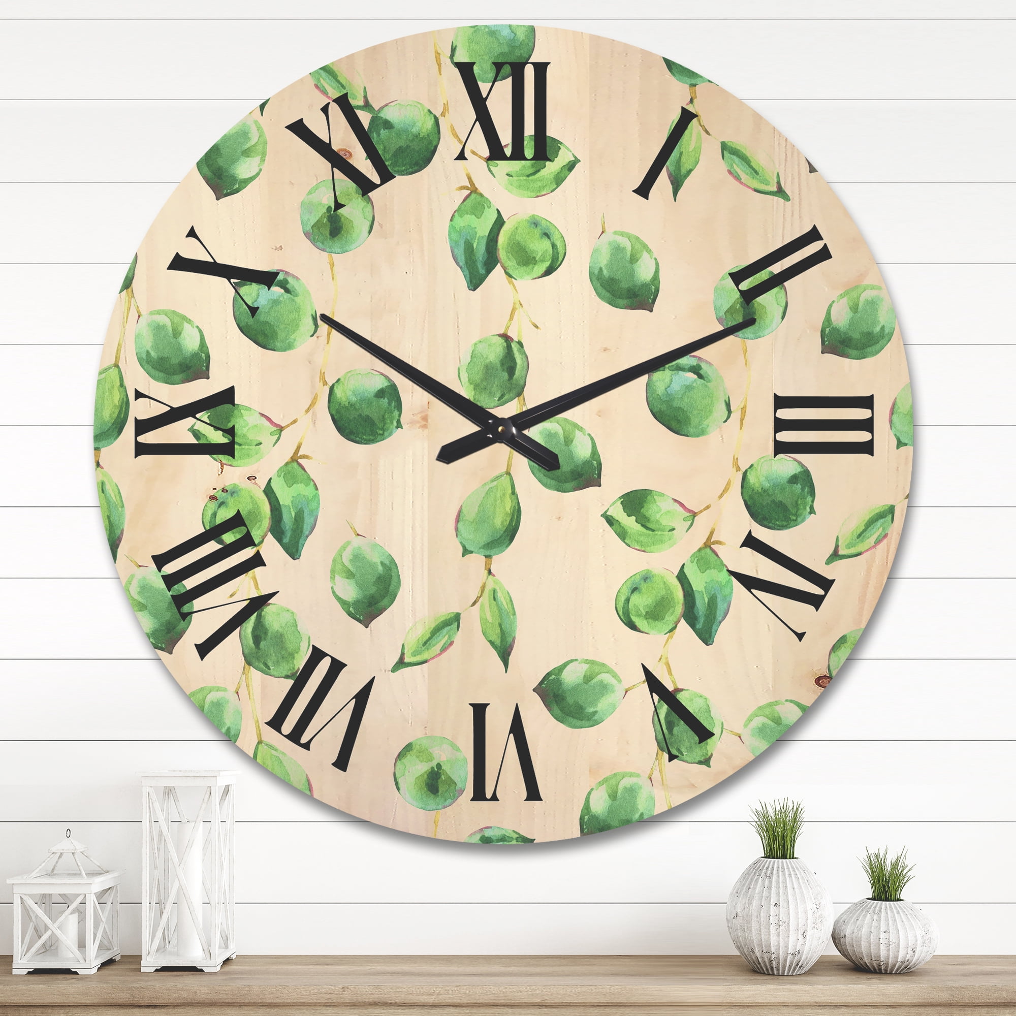 Designart 'Tropical Green Leaves Patern On White' Tropical Wood Wall Clock