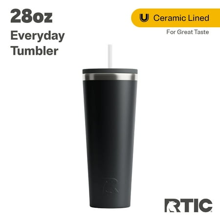 RTIC 28 oz Ceramic Lined Everyday Tumbler, Spill-Resistant Straw Lid, Black