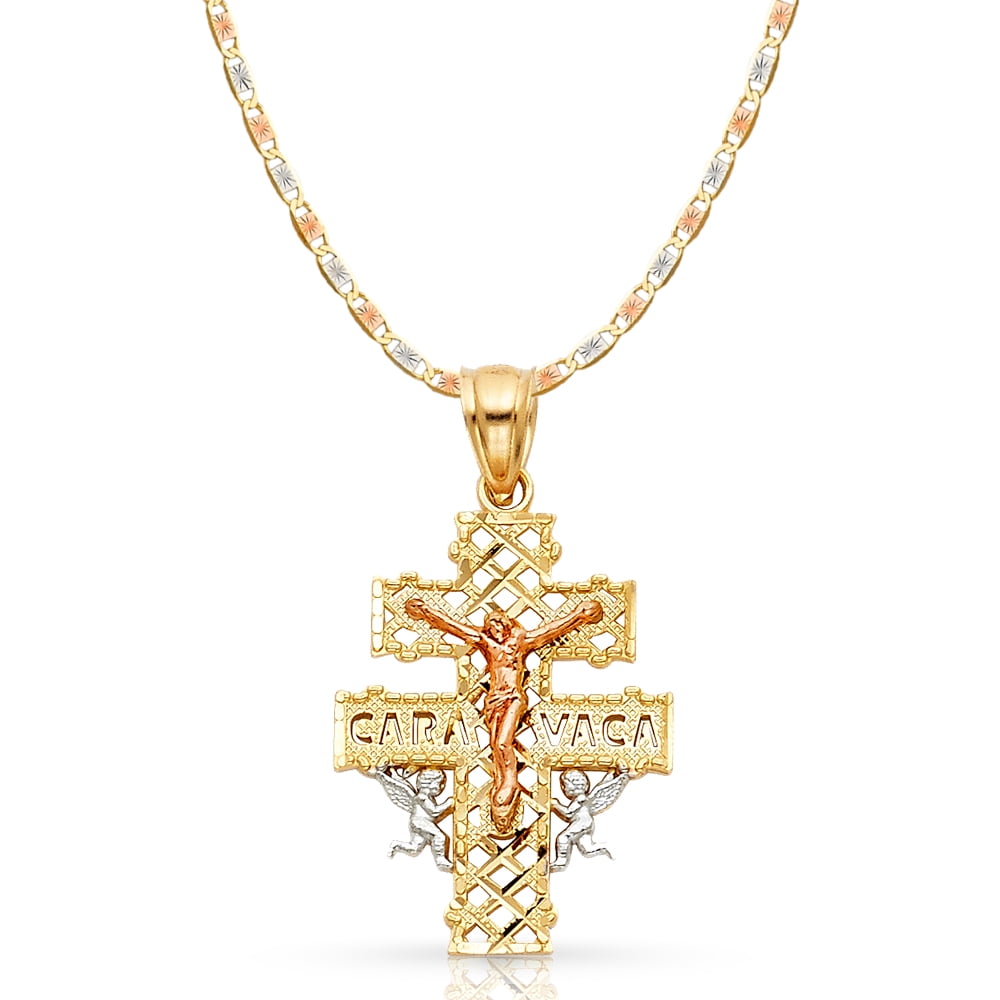 14K Tri Color Gold Diamond Cut Jesus Crucifix Stamp Charm Pendant with 2.3mm Hollow Cuban Chain Necklace