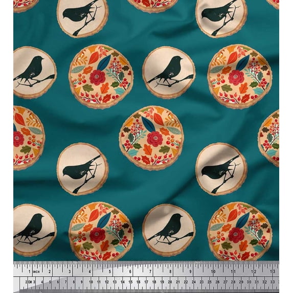 Soimoi Cotton Duck Fabric Leaves,Bird & Floral Artistic Print Fabric by The Yard 56 Inch Wide