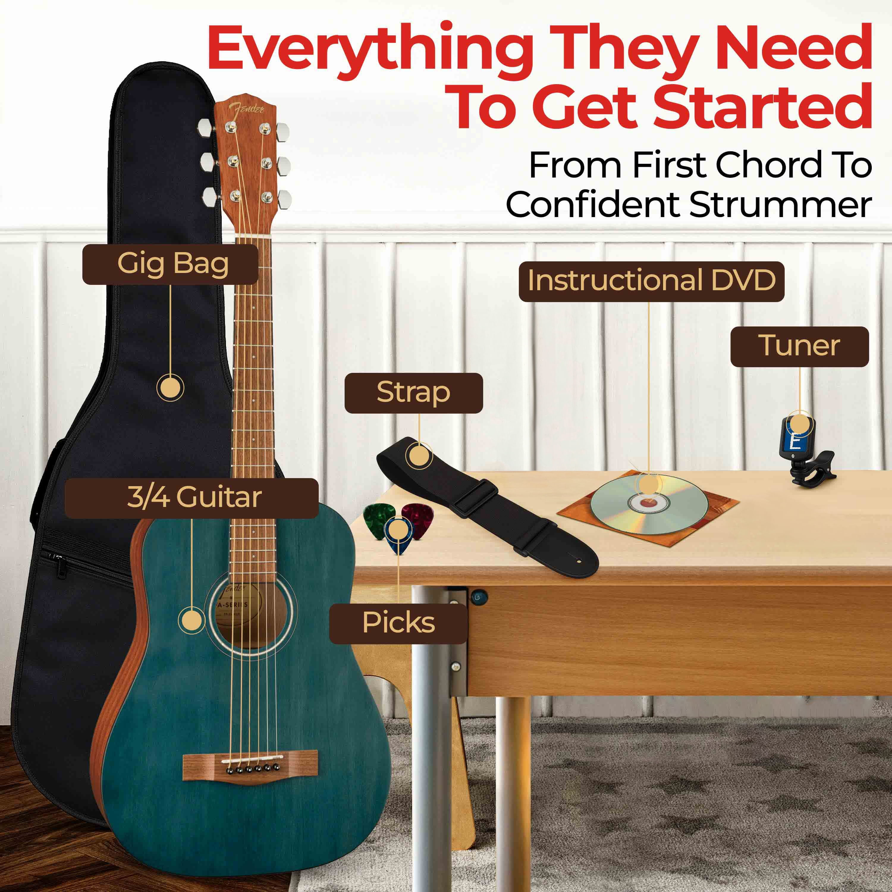 Fender FA-15 3/4-Scale Kids Steel String Acoustic Guitar - Blue w/ Gig Bag