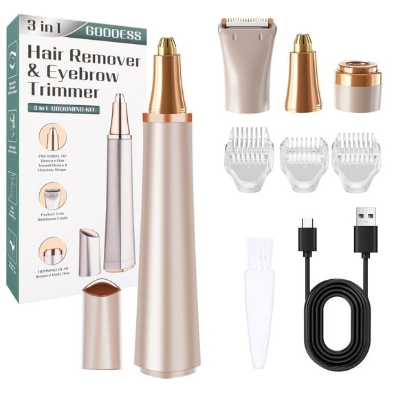 Women's Facial Hair Remover - Adjustable & Painless Trimmer for Eyebrows, Lips, Legs & Bikini with 3 Precision Guards, Gold
