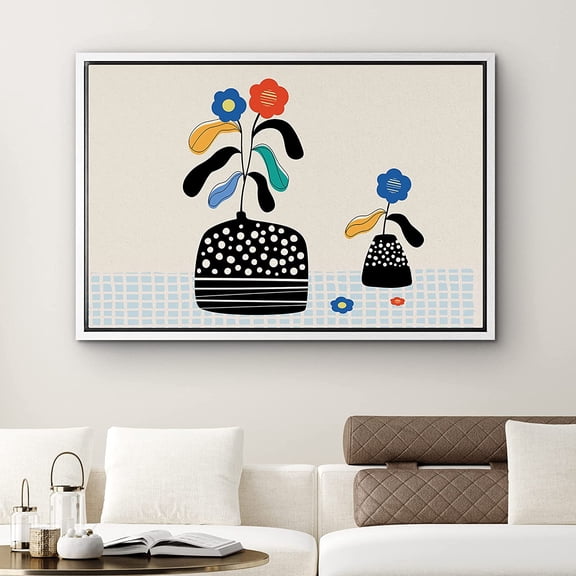 PixonSign Framed Canvas Print Wall Art Daises and Drooping Leaves in Vase Botanical Wilderness Illustrations Expressionism Romantics Relax/Calm Ultra for Living Room, Bedroom, Office - 24"x36" White