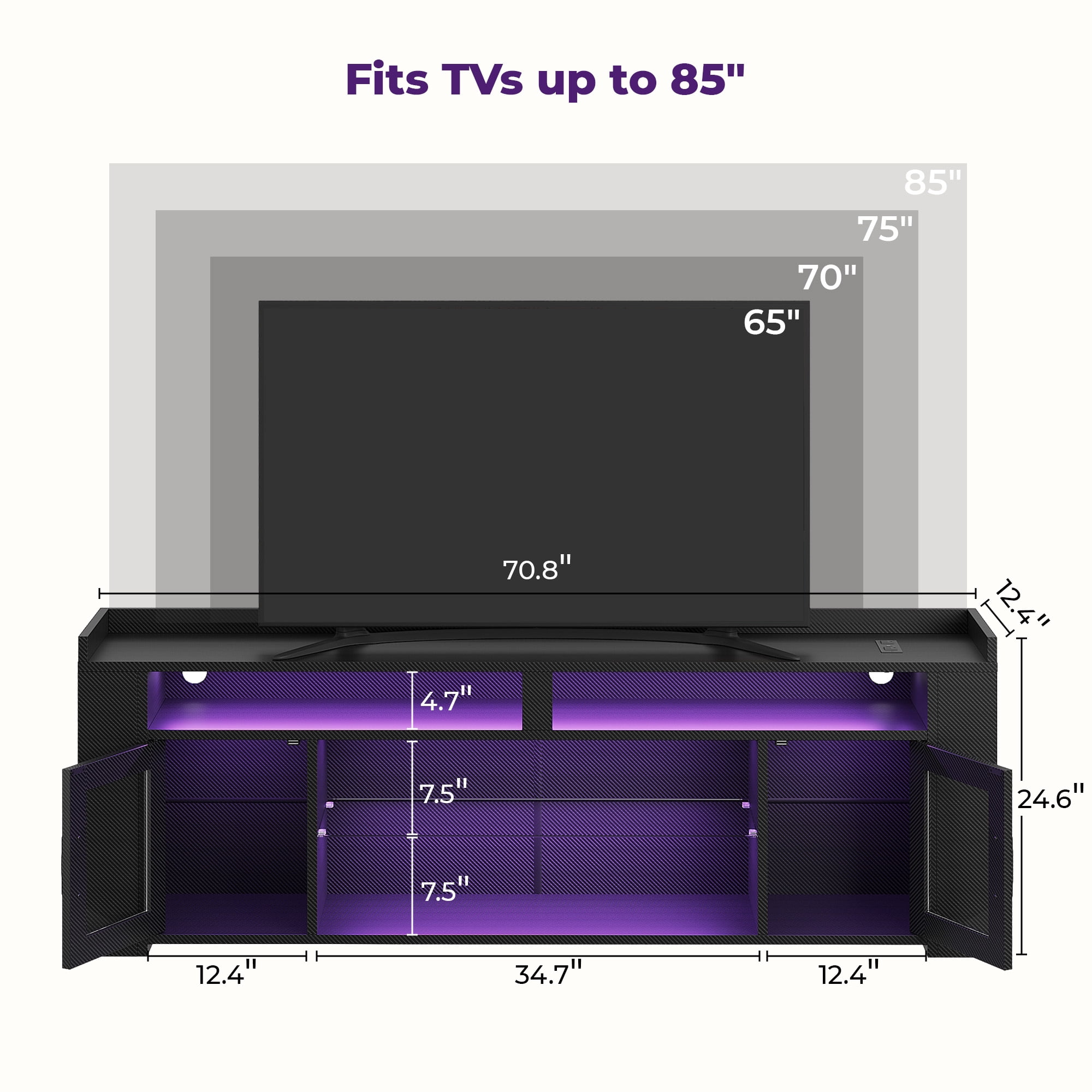 IRONCK LED TV Stand for 80 inch TV, Entertainment Center with Power Outlet and Storage Cabinet, TV Media Console for Living Room, Black
