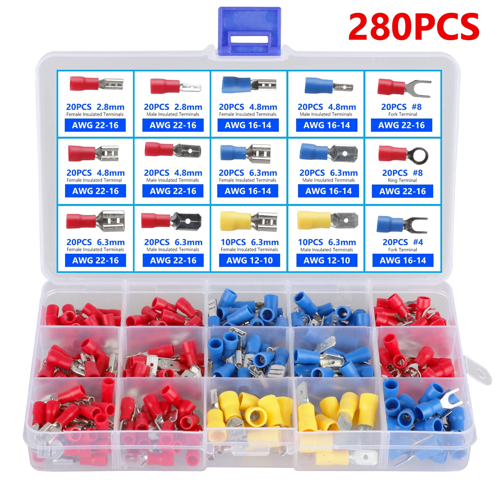 280PCS ASSORTED INSULATED ELECTRICAL WIRE TERMINALS CRIMP CONNECTORS SPADE SET 