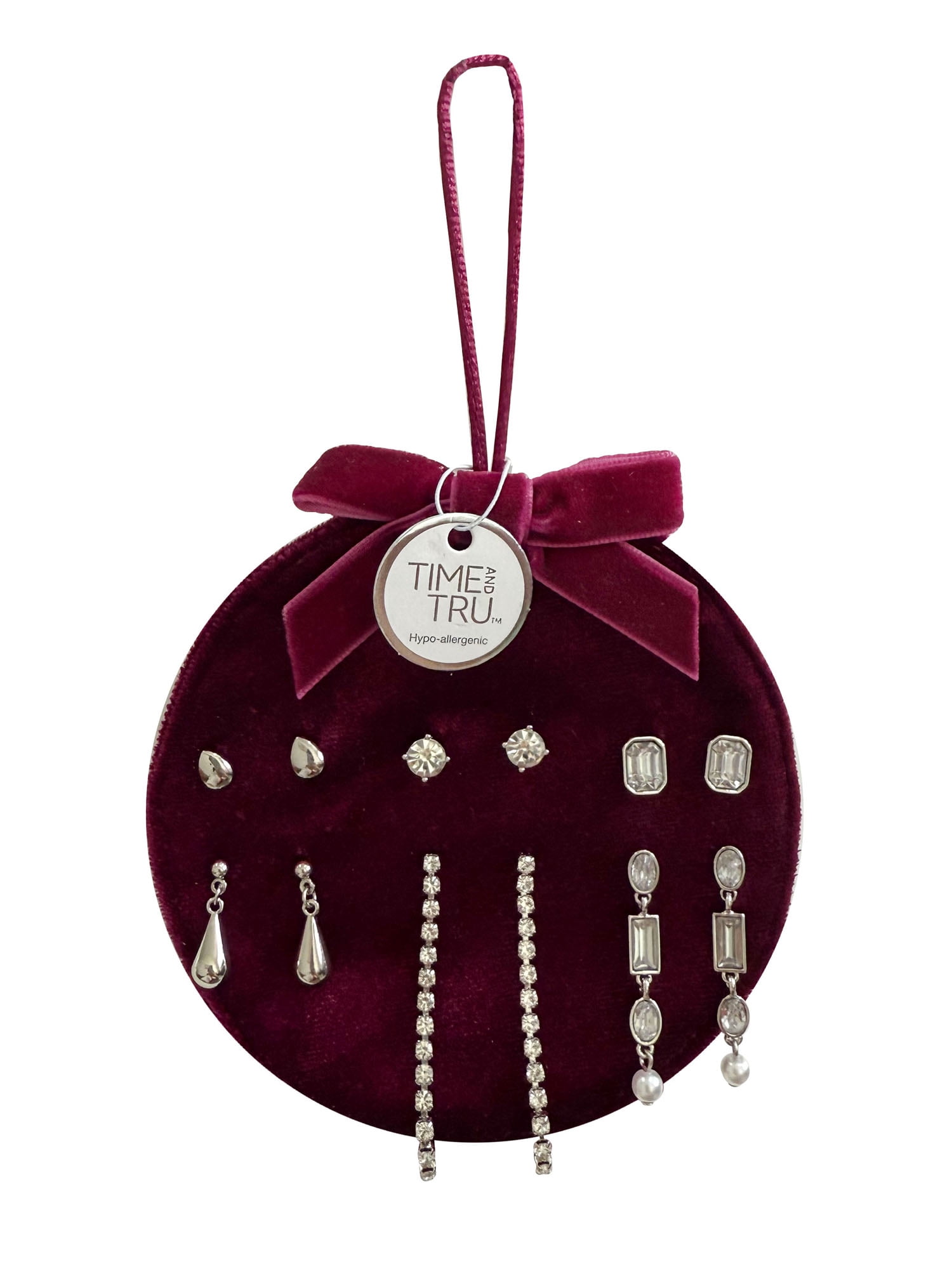 Time and Tru Celestial Stones Earrings on Ornament Shaped Card in Silver Rhodium for Female Adults and Teens, 6 Pack