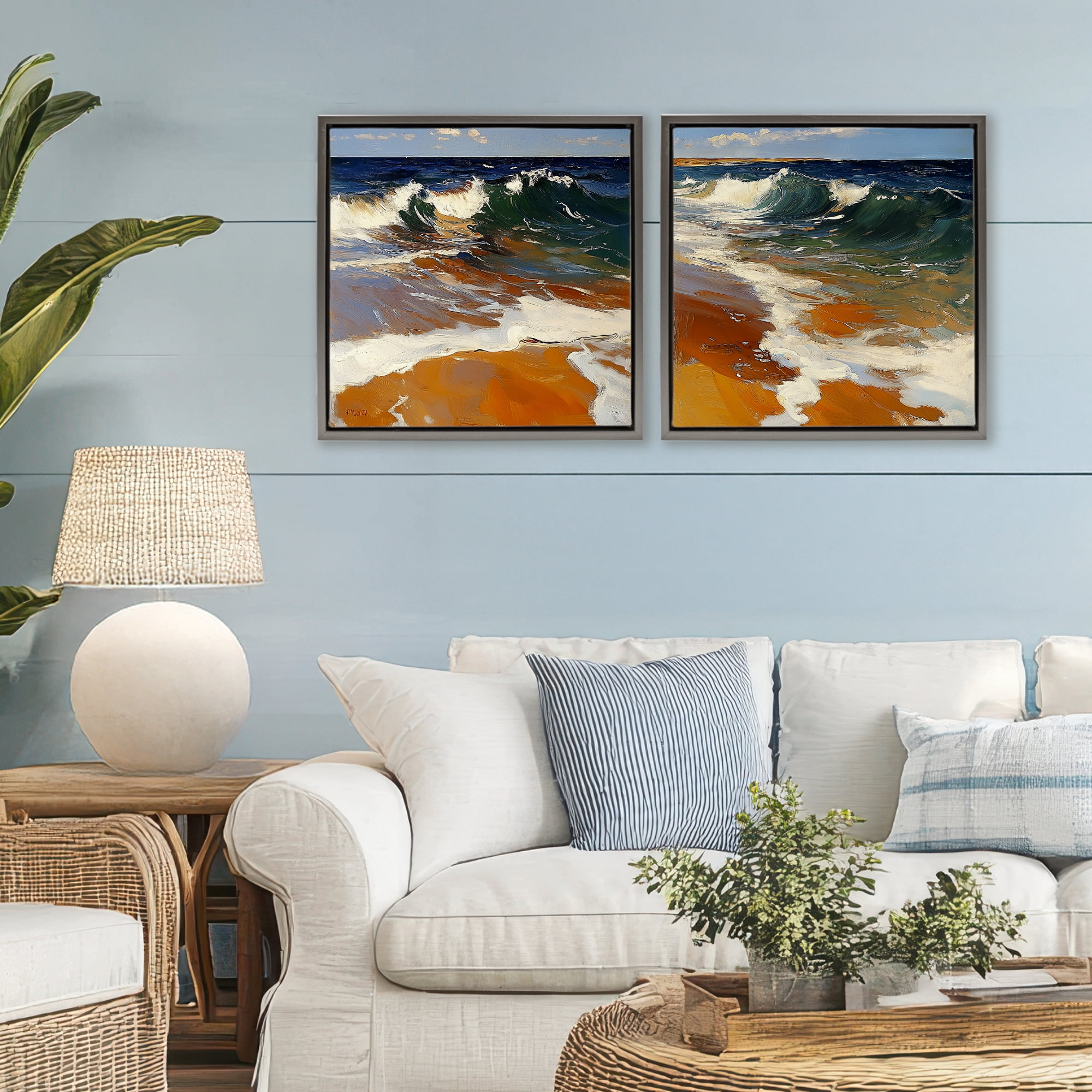 Stupell Industries Glassy Coastal Break 2 Piece Gray Framed Floater Canvas Set, design by Walker Noble