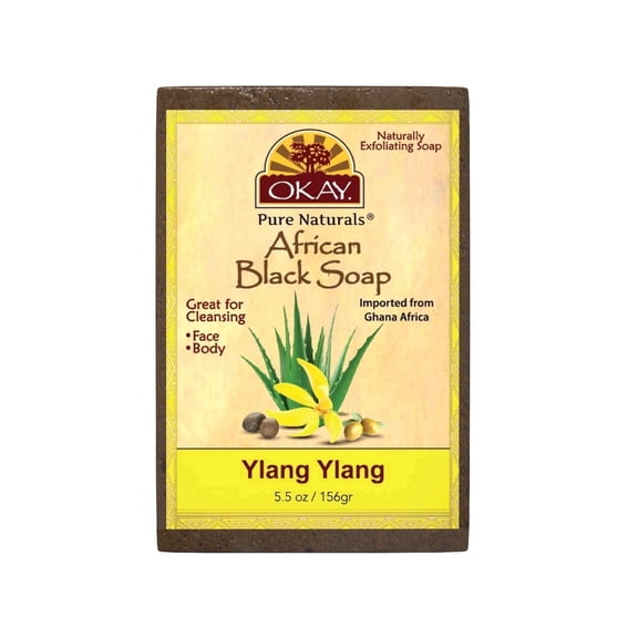 OKAY Pure Naturals African Black Soap with Ylang Ylang 5.5 oz – Cleansing & Exfoliating Bar Soap, Nourishing Skin Care, Sulfate/Silicone/Paraben-Free, All Skin Types