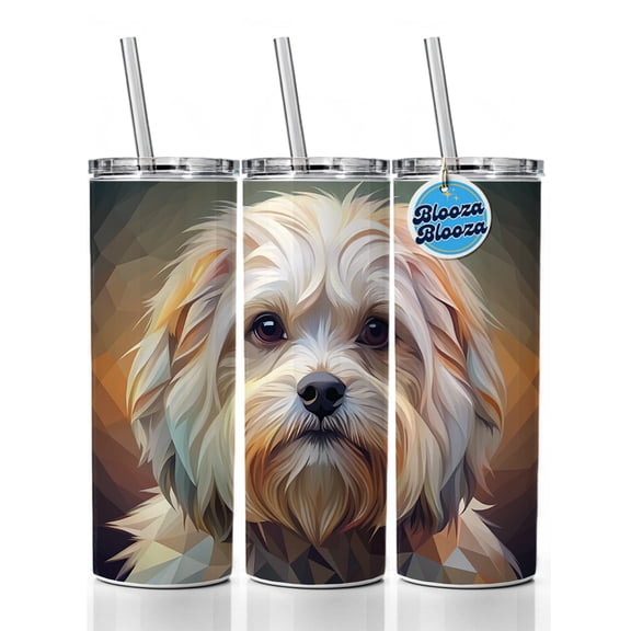 Maltese Dog Abstract Stylized Art 20oz Insulated Water Bottle Skinny Tumbler Includes Straw