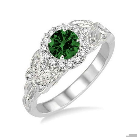 Bestselling 1.25 Carat Antique Round cut Emerald and Diamond Engagement Ring in 10k White Gold affordable emerald and diamond