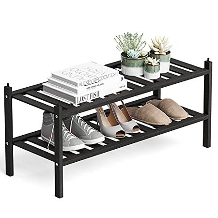 2-Tier Bamboo Stackable Shoe Rack Organizer 27.2 x11 x13.2 Sturdy Shoe Storage Shelf Space Saving Shoe Holder for Entryway Hallway Closet and Bedroom
