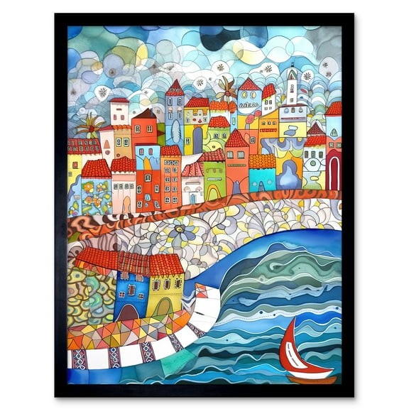 Burano Italy Seaside Town Folk Art Art Print Framed Poster Wall Decor 12x16 inch