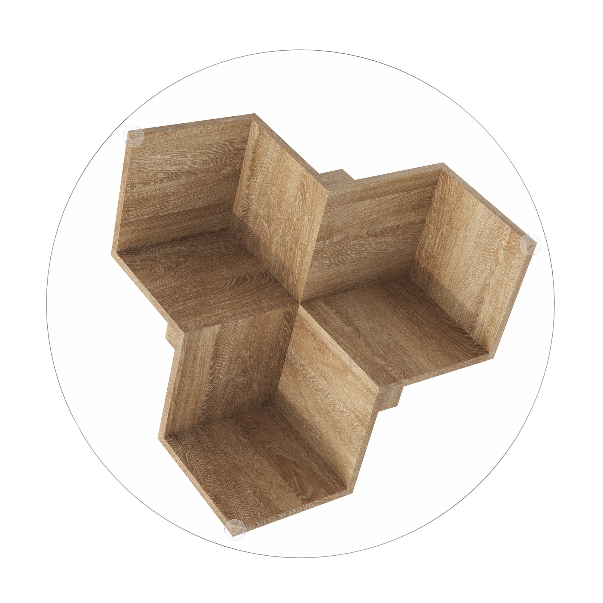 35.4" Round Coffee Table with Tempered Glass Top, Geometric Design Accent End Table with Abstract Art Deco Storage Shelves Base