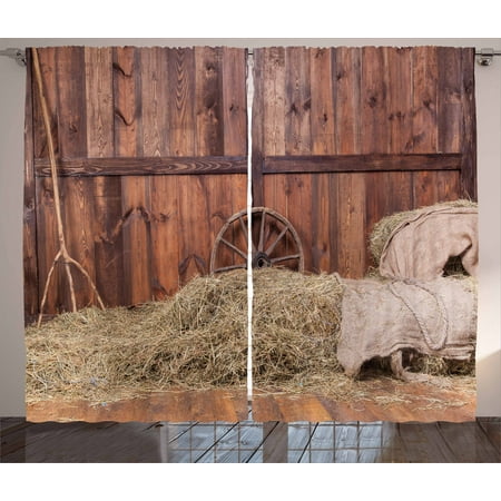 Panel Wagon - Barn Wood Wagon Wheel Curtains 2 Panels Set, Rural Old Horse Stable Barn Interior Hay and Wood Planks Image Print, Window Drapes for Living Room Bedroom, 108W X 96L Inches, Brown Dust, by Ambesonne