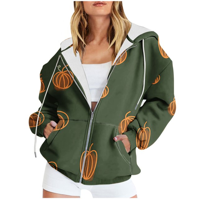 Chandails à Capuche Zippés pour Femmes Rabais de 50 % en Liquidation Mode Halloween Imprimé Hauts à Manches Longues Poches à Capuche