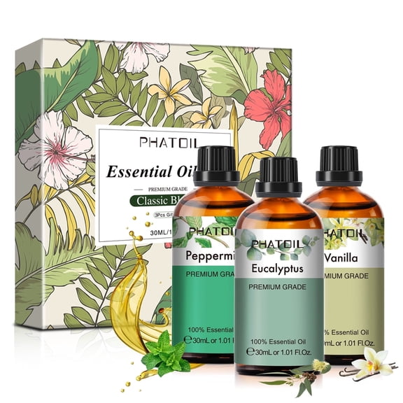 PHATOIL 3x30ML Essential Oil Gift Set, Assorted Aromatic Scents for Home Diffuser, Candle Making, Home Fragrance (Vanilla, Eucalyptus, Peppermint)