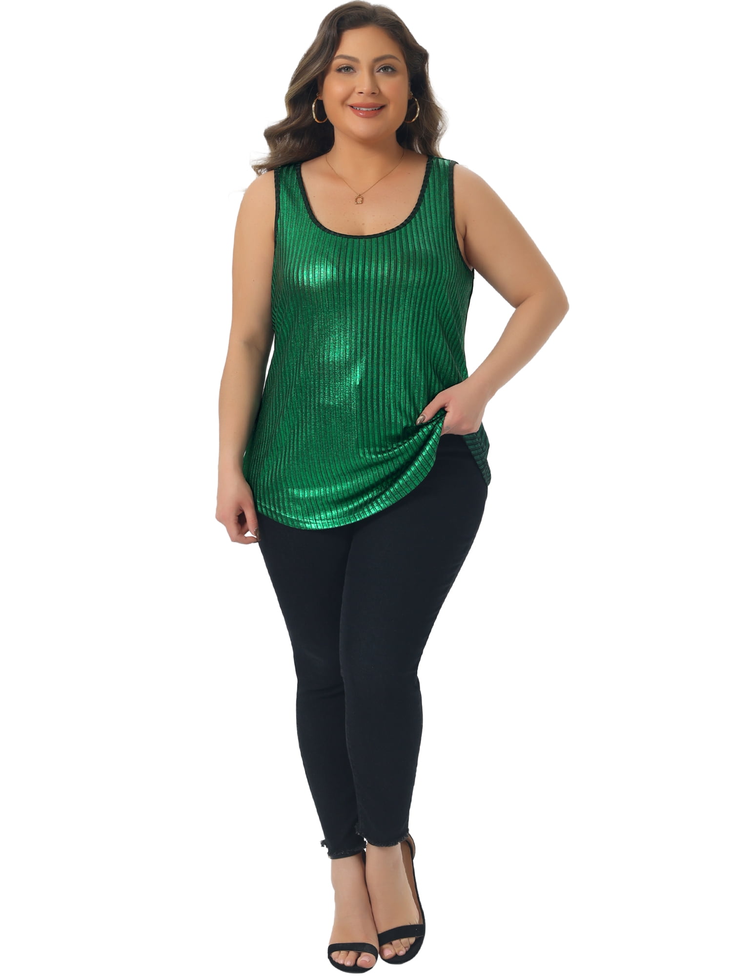 DARING DIVA Women's Plus Metallic Tank Top Sleeveless Shiny Party Tops 2X Dark Green