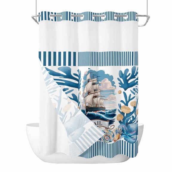 No Hook Ocean Set Sail Shower Curtain with Snap in Liner Set, Sailboat Sea Waves Blue Coral Coastal Starfish Waterproof Bathroom Curtains with See Through Top Window, Hotel Style Long 72 x 84 Inch