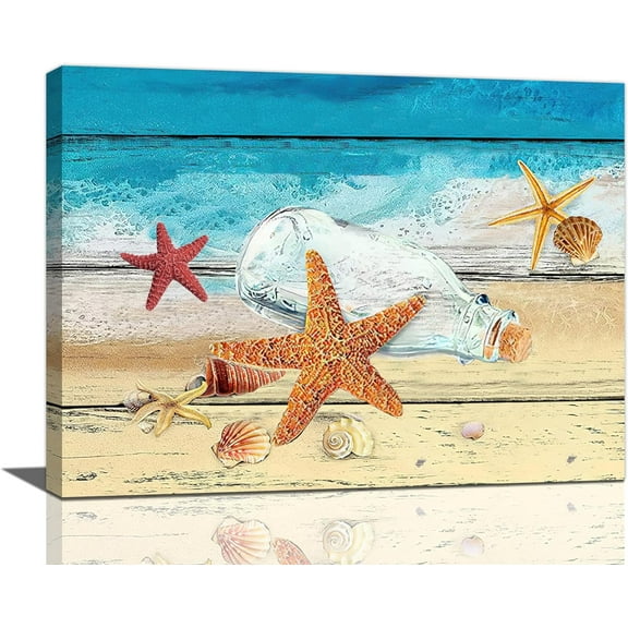 Beach Bathroom Wall Art Coastal Ocean Theme Starfish Bathroom Pictures Wall Decor Nautical Seashell Canvas Print Painting Framed Modern Home Artwork For Living Room Bedroom Office 16"x12"