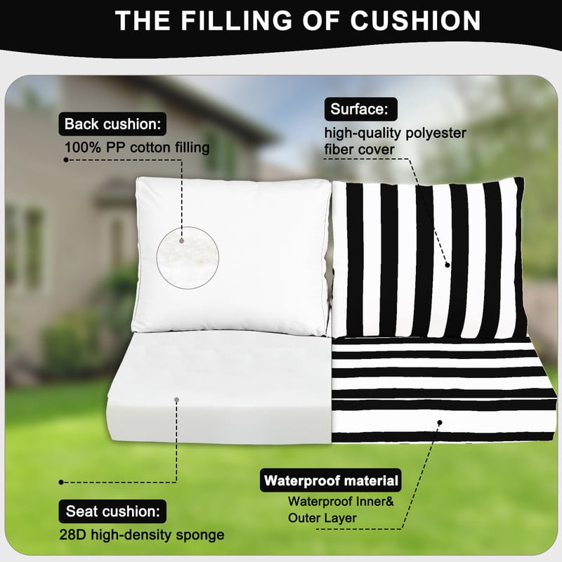 Outdoor Loveseat Cushion Set, 48" x 24" Waterproof Patio Furniture Cushions with Removable Cover, Ties and Hidden Zipper, Patio Love Seat Sofa Cushions（Black white stripes）