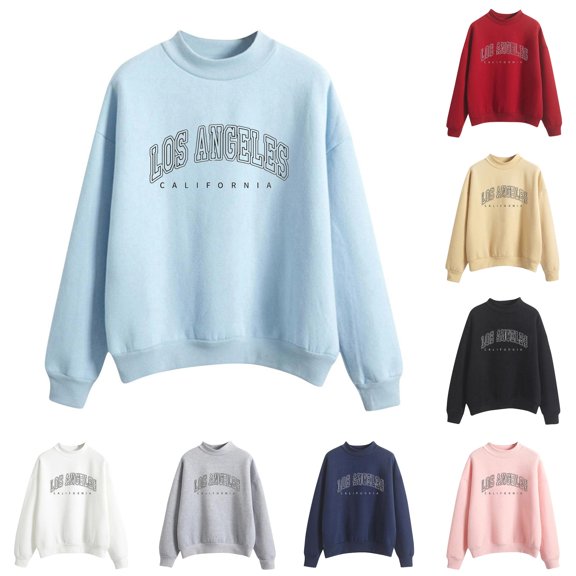 CUZIBR Womens Sweatshirt Letter Print Graphic Long Sleeve Loose Mockneck Sweatshirts Retro Pullover Top Fall Winter Clothes,Blue