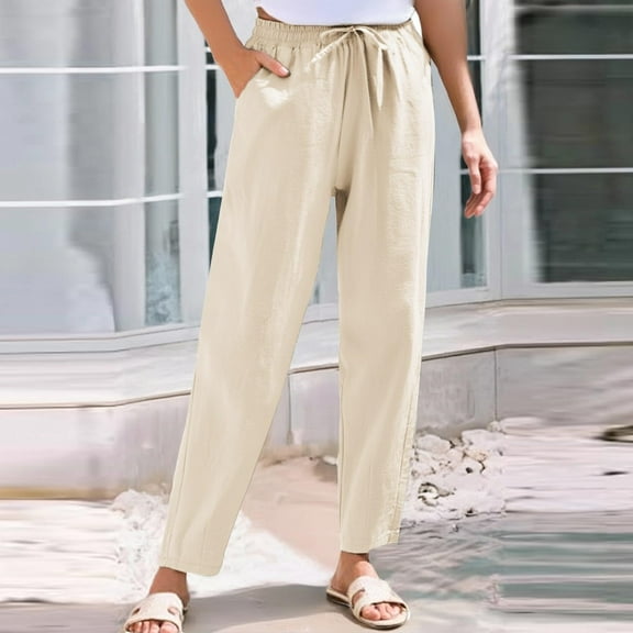 IDALL Linen Pants Women Petite Pants Women Cotton Linen Straight Leg Pants Elastic Drawstring Casual Trousers With Pockets Summer Beach Pants Beach Pants Summer Pants Beige L