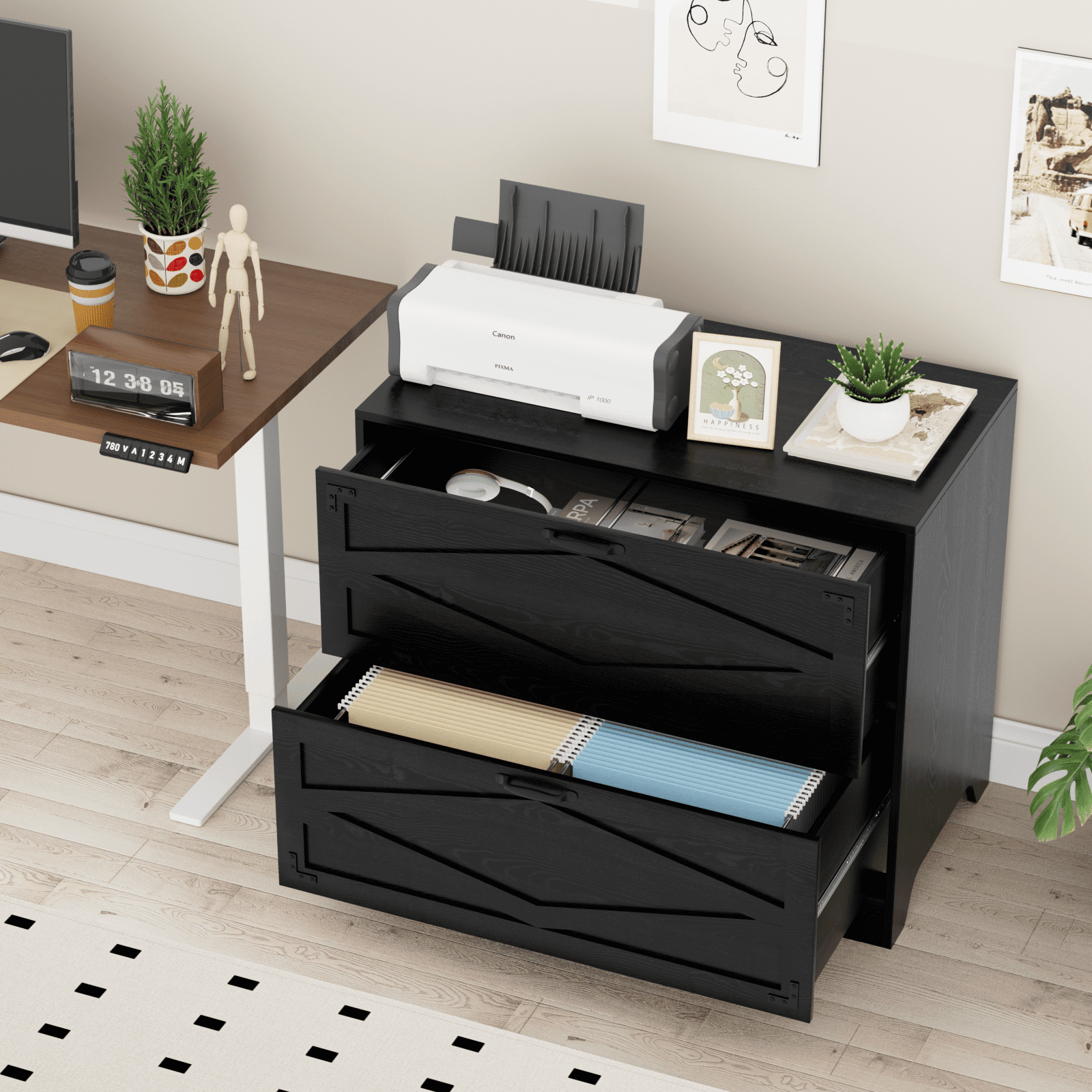 RichYa 2 Drawer Wood Lateral File Cabinet, Large Filing Cabinet for Home Office, Fits A4/Letter Size Files, Black