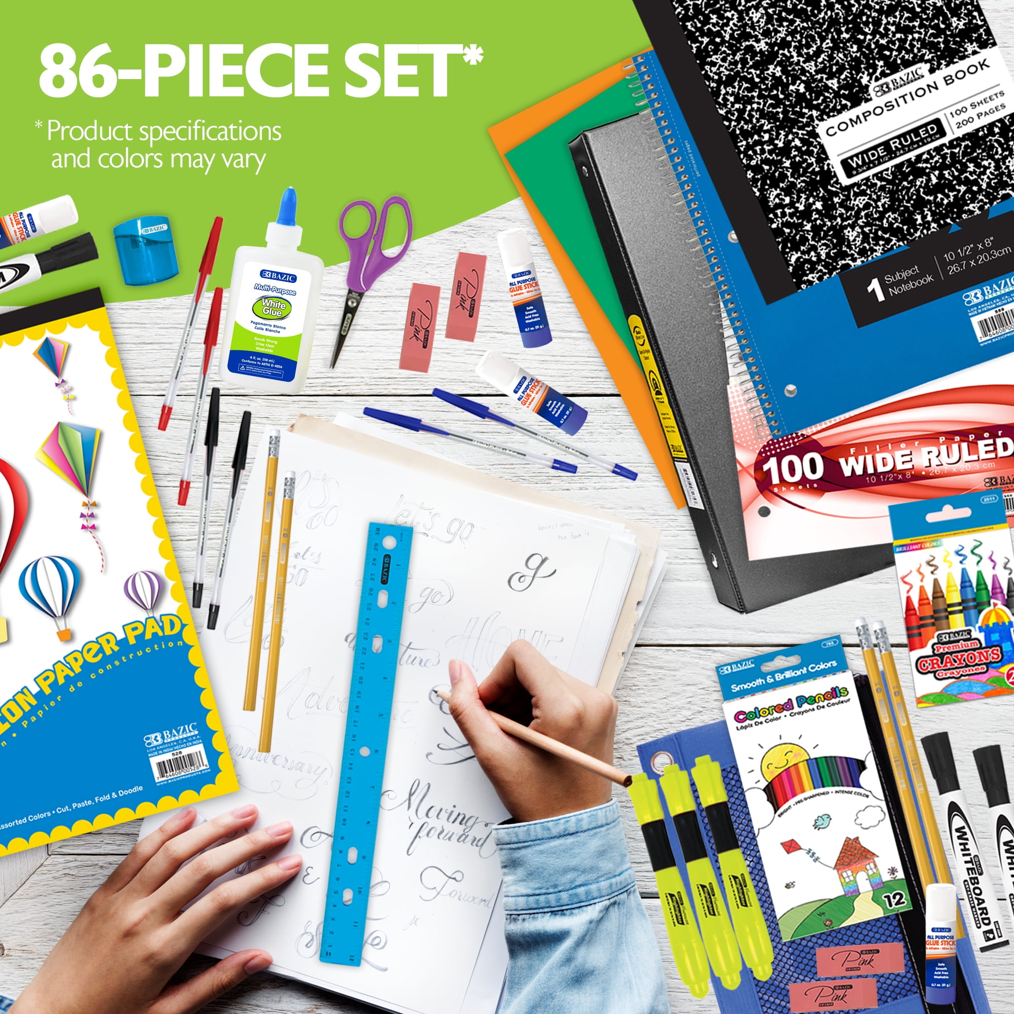 BAZIC School Kit Supplies Kit 86 Count, Bazic Products School Supplies Composition Books for Student 3-6 Grades, Spec May Vary, 1-Pack