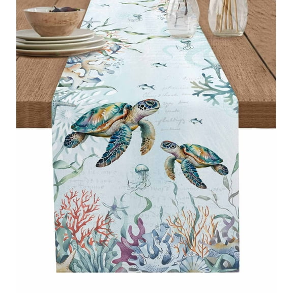 Sea Turtle Ocean Table Runner Summer Beach Coastal Coral Seagrass Tablerunners 13 x 70 Inch, Table Decorations Tabletop Scarf for Summer Gathering Holiday Farmhouse Kitchen Dining Decor