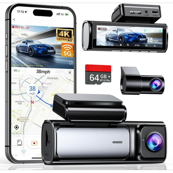 4K Dash Cam Front and Rear, Built-in 5G WiFi GPS, 64GB Card Included, 3.59'' IPS Screen Dash Camera for Cars, Dual Dashcam with G-Sensor, Loop Recording, WDR, Night Vision, 24H Parking Monitor