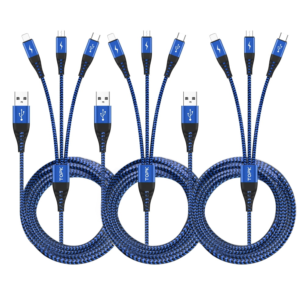 TOPK[3-Pack]Micro USB C 3 in 1 Charger Cable Fast Charging Multi port Braided Cord For iProduct Samsung Huawei (3ft/Blue) - Walmart.com