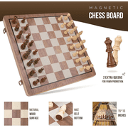 15 Inches Magnetic Wooden Chess Set - 2 Extra Queens - Folding Board - Pieces Storage Slots, Handmade Portable Travel Chess Game