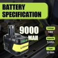 thumbnail image 2 of Upgrade 9000mAh P109 High Capacity Replacement for Ryobi 18V Battery P108 P104 P105 P102 P103 P122 Li-ION Compatible with Ryobi 18V System Cordless Power Tools and Charger, 2 of 5