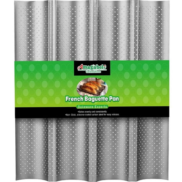 AMAGABELI GARDEN & HOME Nonstick Perforated Baguette Pan 15"" x 13"" for French Bread Baking 4 Wave Loaves Loaf Bake Mold Toast Cooking Bakers Molding 4 Gutter Oven Toaster Pan Cloche Waves Silver