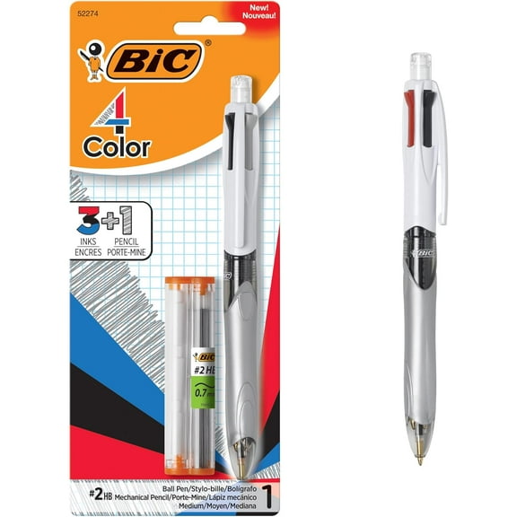 BIC 4-Color 3 1 Retractable Ballpoint Pen with Red, Blue, Black Ink and 0.7 mm Mechanical Pencil, 1-Count in Assorted Ink