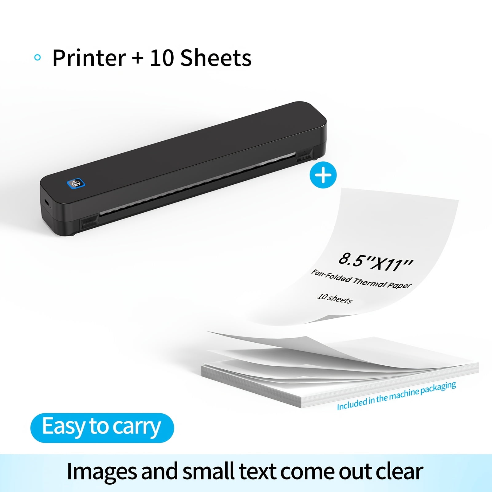 Portable Inkless Travel Thermal Printer+10/110pcs A4 Paper Combo Pack - Compatible With Mobile Phones And Laptops, Supports 8.5X11 Inch Thermal Letter Paper, Suitable For Office, Travel, And Home.